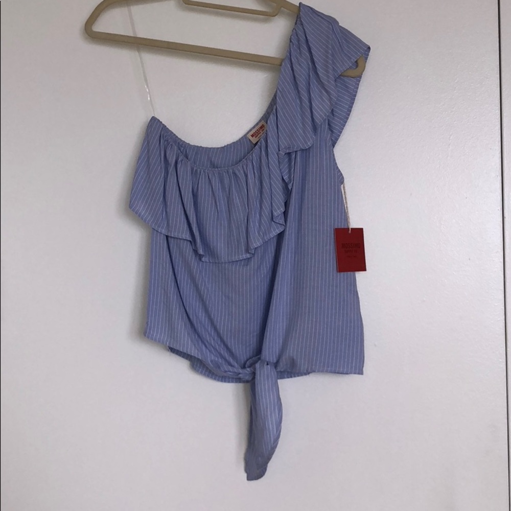 Blue/white striped 1 shoulder tie front ruffle top